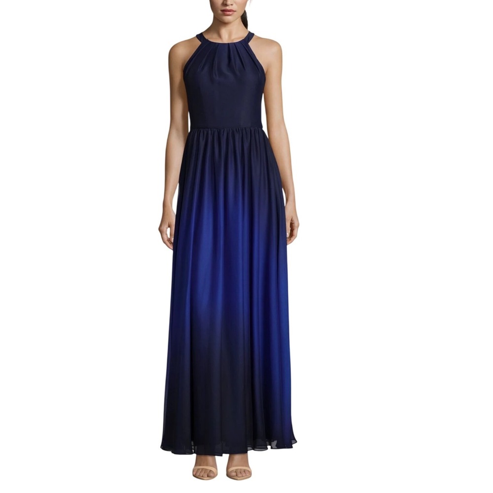 Betsy & Adam Ombre Chiffon Halter Gown Navy Blue Size 6 Formal Evening Dress